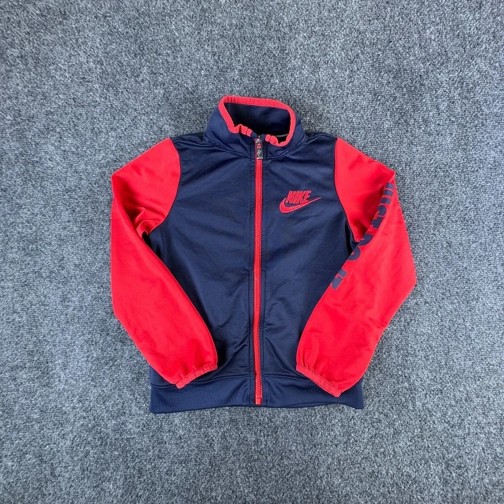 Nike Track Jacket Boy 7 Blue Red Logo Embroidered Mock Neck Full Zip Performance